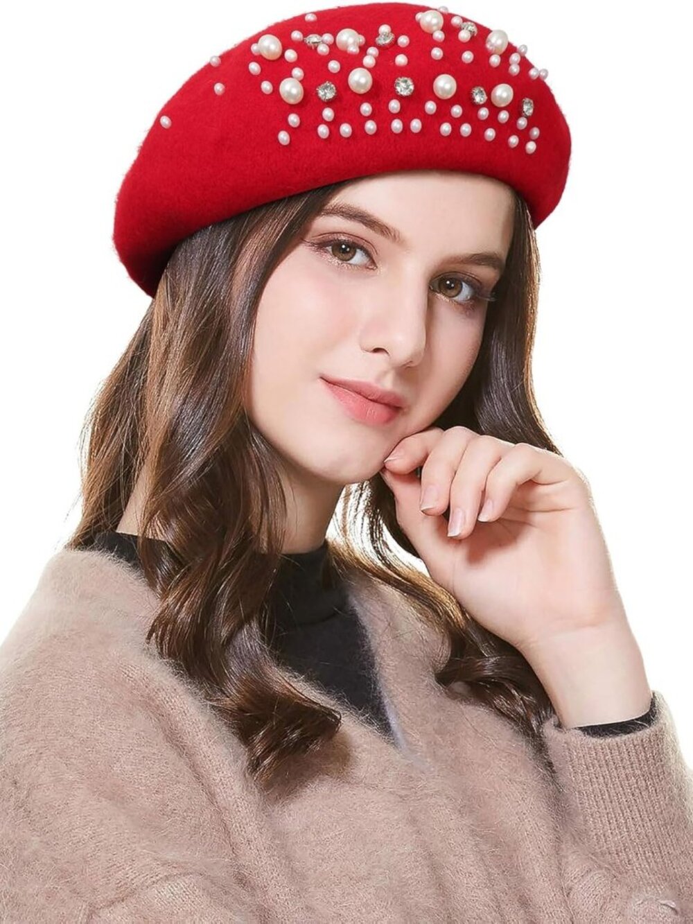 Women's Classic French Wool Beret Pearl & Rhinestone Embellishment Hat Red